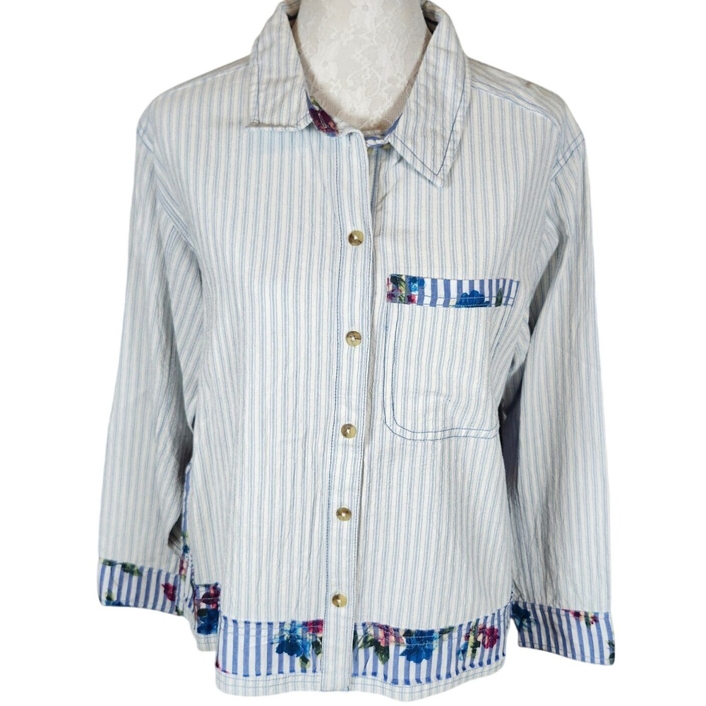 Tru Luxe Jeans Women Button Front Blouse Medium Blue White Stripe Floral NWT